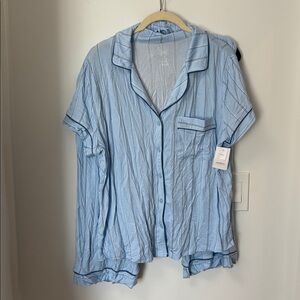 Auden Blue Pajama Set shortsleeve buttondown with drawstring cropped pants L NWT